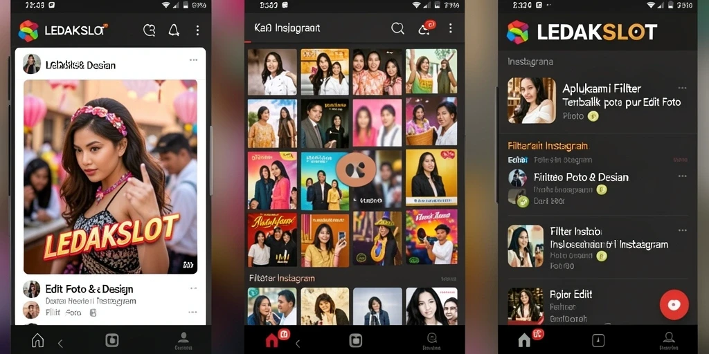 Antarmuka pengguna LEDAKSLOT dengan berbagai pilihan filter Instagram.