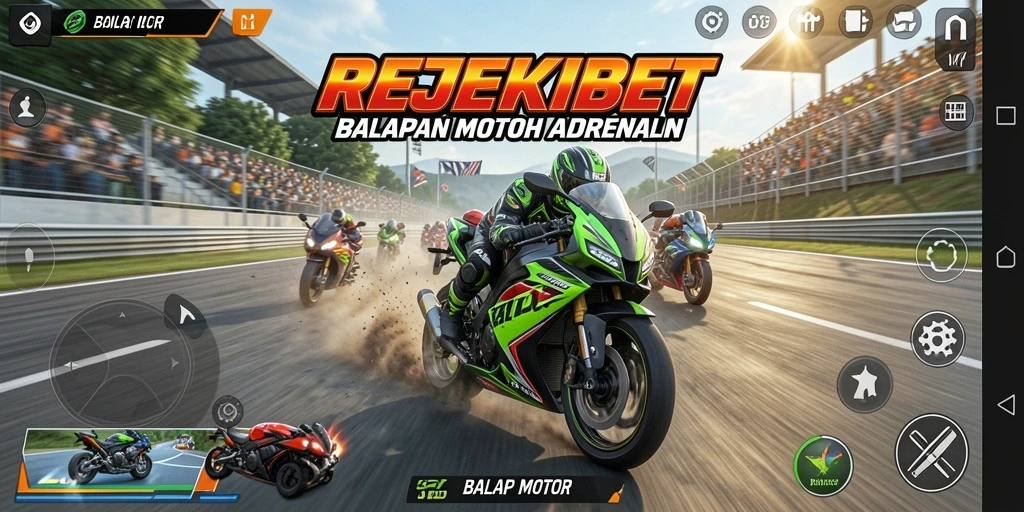 Tampilan antarmuka balapan motor yang menarik dan interaktif.
